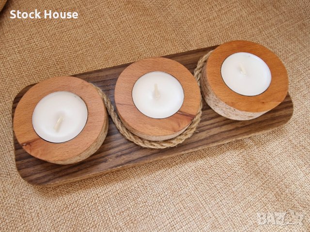 Ръчно изработен свещник в естествени цветове за три броя чаени свещи