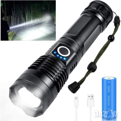 Супер Мощен LED Фенер P50, USB, Презареждаема батерия