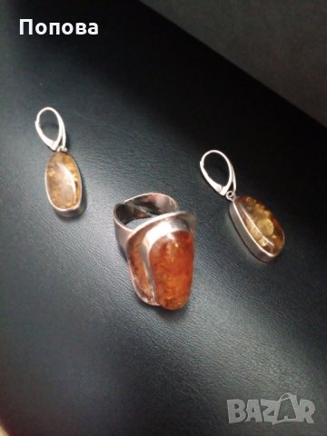 Дизайнерски сребърен комплект  с естествен кехлибар/обеци и пръстен/, снимка 7 - Бижутерийни комплекти - 28352757