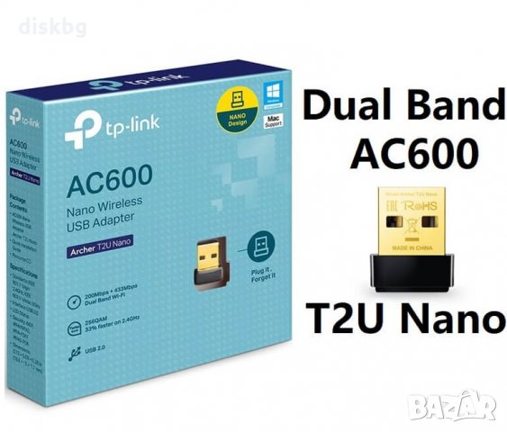Dual Band Wi-Fi 2.0 USB adaptor TP-Link AC600 T2U Nano LAN адаптор, снимка 1 - Мрежови адаптери - 28876562