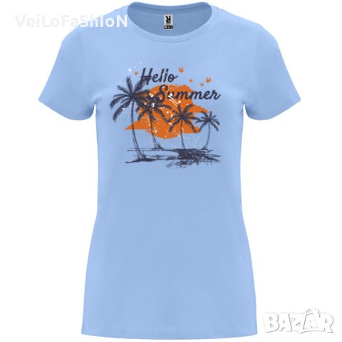 Нова дамска тениска HELLO SUMMER в светлосин цвят, снимка 1 - Тениски - 44139093