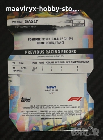 Topps Finest Formula 1 (2024) - #110 Pierre Gasly /75 Die-Cut, снимка 2 - Колекции - 53289000