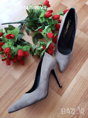 Сиви велурени обувки на ток, снимка 1