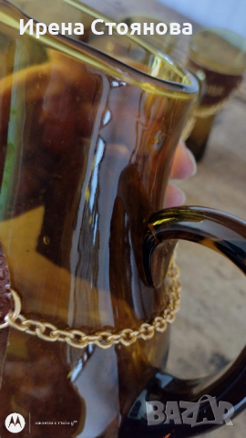 Винтидж комплект за  Сангрия от кехлибарено стъкло 70- те години на миналия век. Кана и 6 чаши, снимка 7 - Сервизи - 44875352