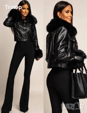 Хит! Стилно дамско яке, еко кожа , цвят черен черен пух,, снимка 4 - Якета - 52174094