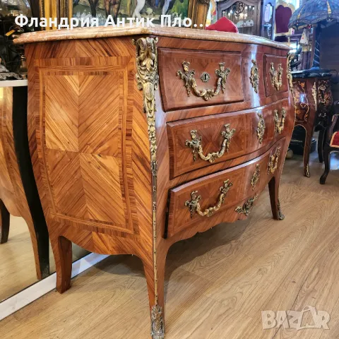 Античнен голям комод с мраморен плот и инкрустирани орнаменти, снимка 4 - Скринове - 48391808