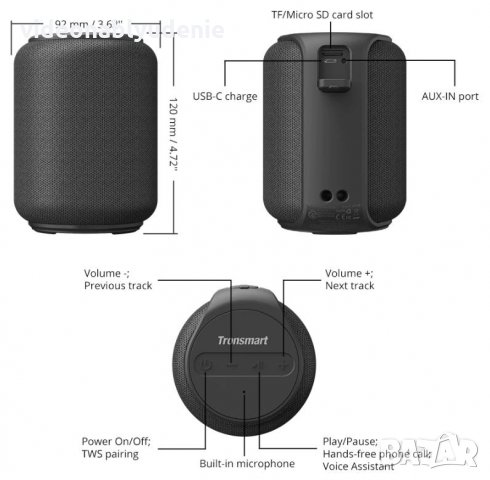 IPX6 Водоустойчива Колонка Bluetooth5 Tronsmart T6 Mini 360° Съраунд 15W Гласов Контрол Микрофон TWS, снимка 8 - Слушалки и портативни колонки - 27379969