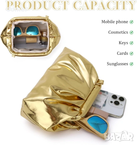 Чанта с форма на кнедли за жени, подвижна вечерна чанта с верижка, златиста, снимка 6 - Чанти - 53606782