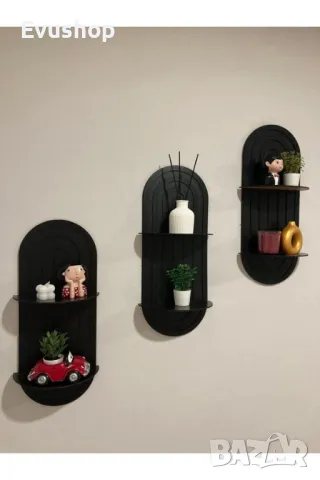 Дървена стенна етажерка черна 3 броя
