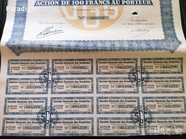 Акция от Франция | Societe Generale des Graphites | 1938г., снимка 5 - Нумизматика и бонистика - 33598739