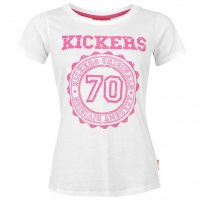  Страхотна тениска с къс ръкав в бял и розов цвят с щампа " Kickers ",внос от Англия-35%полиестер-65, снимка 1 - Спортни екипи - 27492134