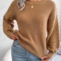 Дамски плетен пуловер с дълъг фенер ръкав за свободното време, 3цвята - 024, снимка 12 - Блузи с дълъг ръкав и пуловери - 43468486