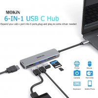 MOKiN USB C хъб 6 IN 1 към HDMI 4K@60Hz, 2х USB 3.0, USB 2.0, SD/ TF, снимка 2 - Други - 38025372