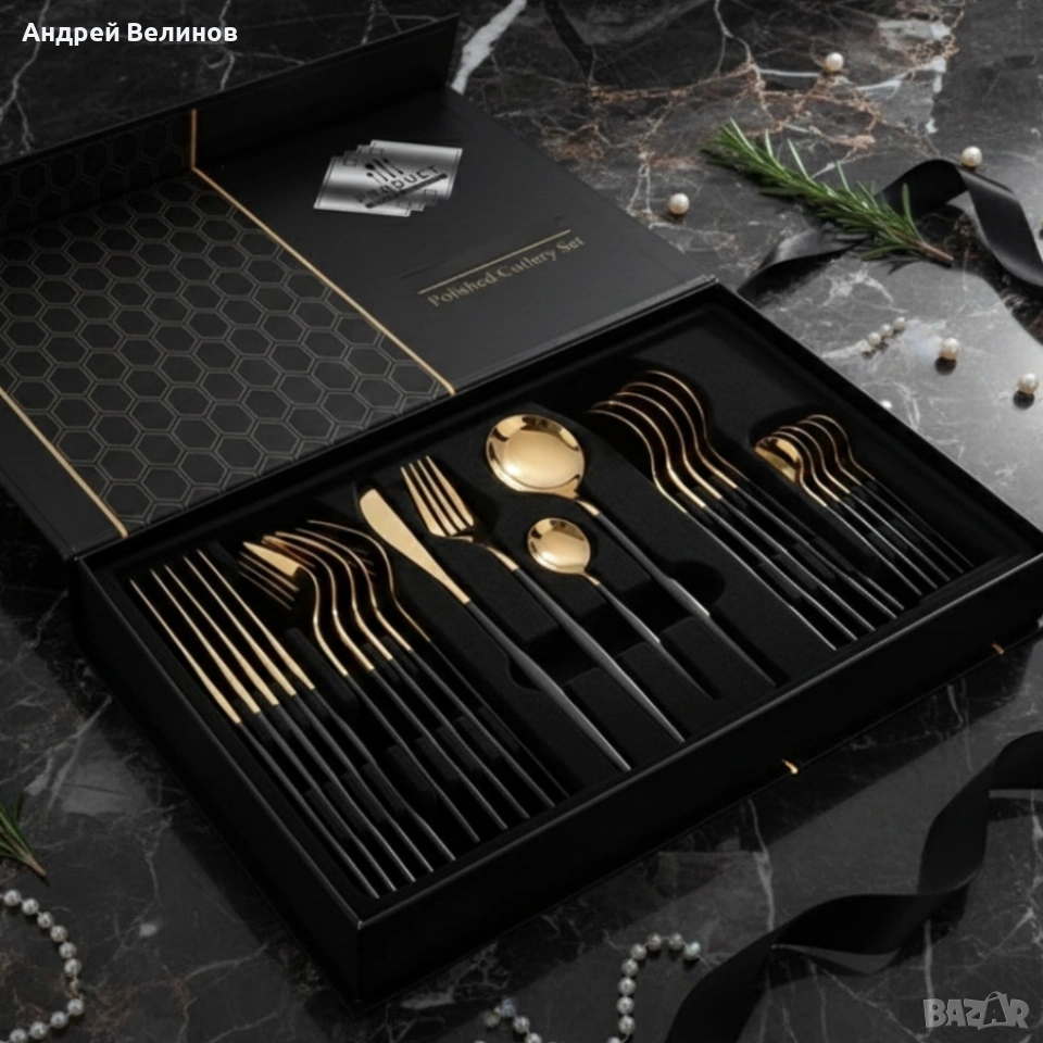 Комплект прибори за хранене от 24 части с луксозен дизайн и магнитна кутия в златисто и черно, снимка 1