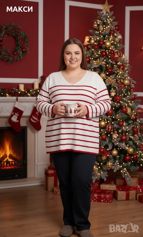 Макси разкошна еластична мека и топла блуза с V-образно деколте н бяло и червено райе, снимка 1