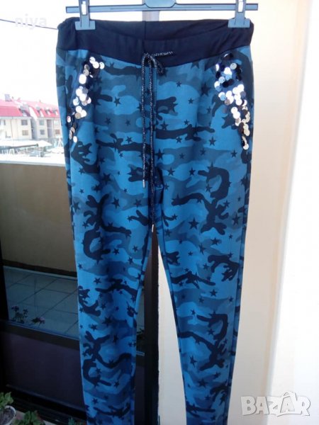 Камуфлажен панталон в син цвят със пайети - С, М и Л, снимка 1