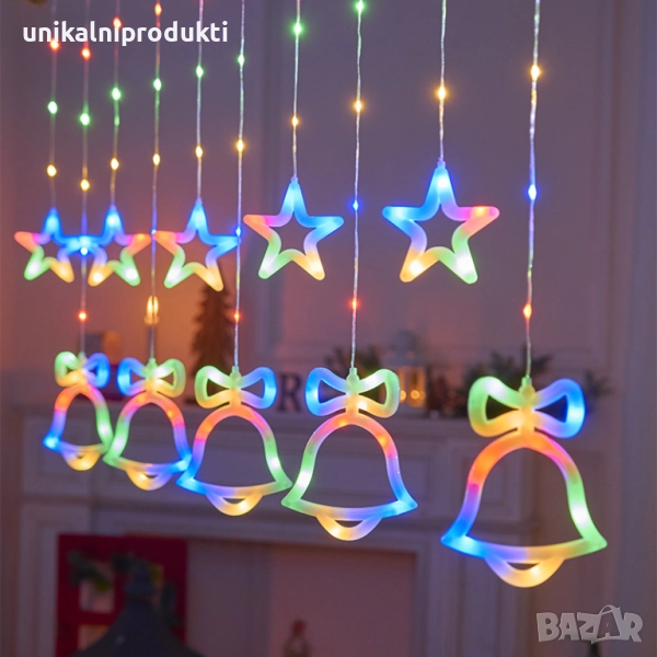 Коледни LED завеса 3.5 м х 1 м с камбанки и звездички, 220 диода, многоцветна светлина, снимка 1