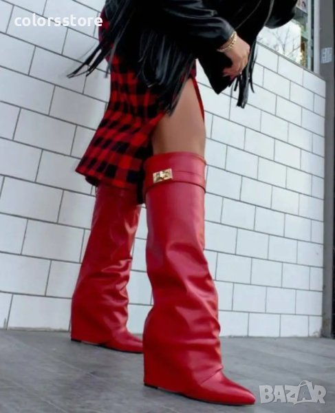 Ботуши на платформа - червена кожа - K-40, снимка 1