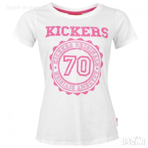  Страхотна тениска с къс ръкав в бял и розов цвят с щампа " Kickers ",внос от Англия, снимка 1