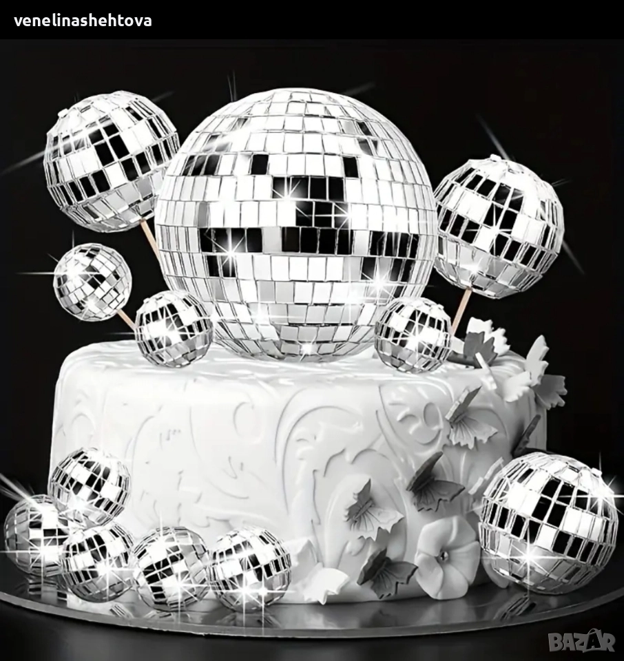 10 броя огледални диско топки на клечка декорация на торта , снимка 1
