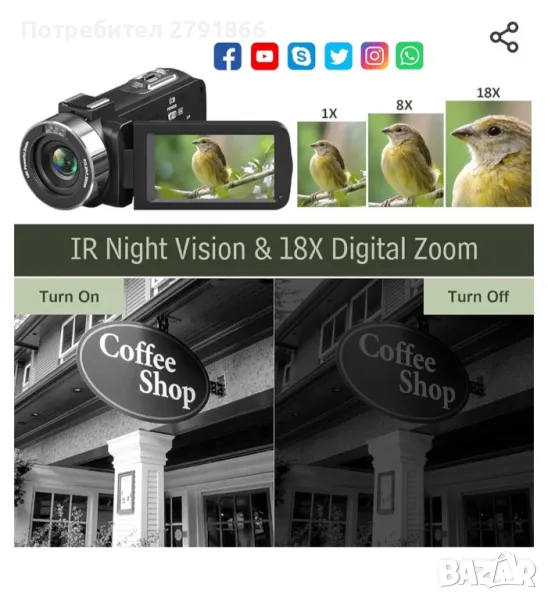 4K видеокамера 48MP 30FPS с IR нощно виждане 18X цифрово увеличение, снимка 1