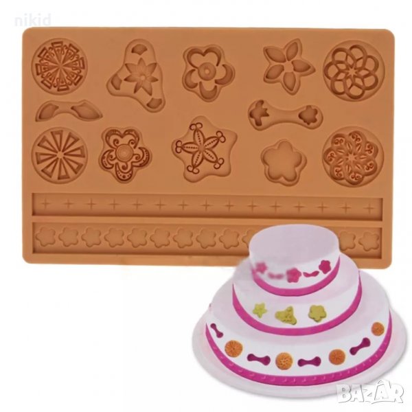 различни цветя орнаменти брошка и кант борд ивица силиконов молд форма декор торта фондан шоколад, снимка 1