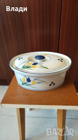 Нов порцеланов овален гювеч с капак и метална поставка, снимка 5 - Съдове за готвене - 53145868