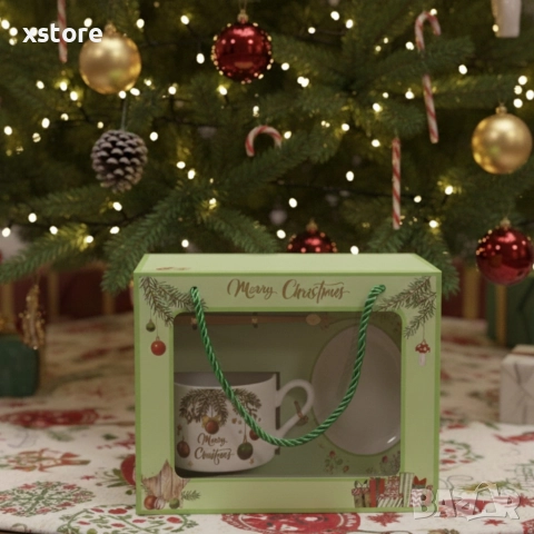 Коледен подаръчен комплект – Керамична чаша с лъжичка и чинийка в празнична кутия, снимка 4 - Коледни подаръци - 52790879