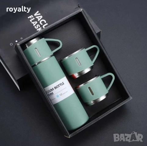 Подаръчен комплект термос с 3 чаши, зелен, розов, сив, снимка 8 - Други стоки за дома - 52651251