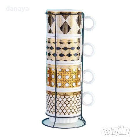 4311 Комплект чаши на метална стойка Златисти орнаменти, снимка 3 - Чаши - 43376005