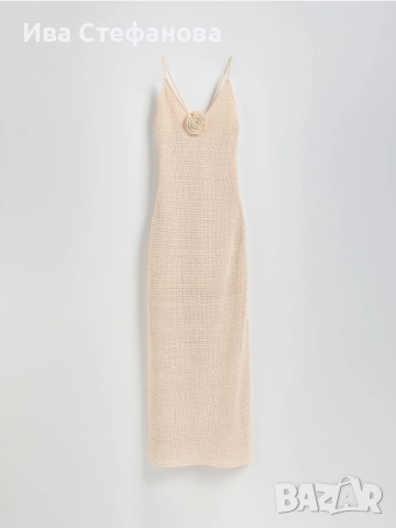 Нова дълга  елегантна плетена фабрично плетиво елегантна рокля 3Д 3D цвете роза екрю цвят бежова , снимка 9 - Рокли - 42560711