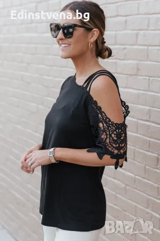 Дамска блуза в черно с къси ръкави с бродерия, снимка 10 - Други - 50080747
