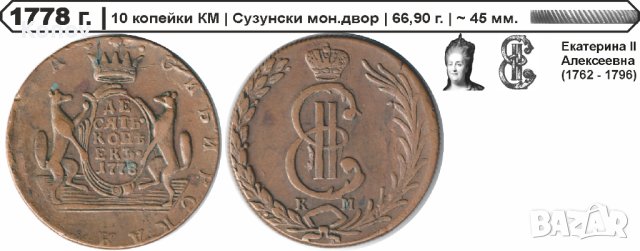 Русия - 10 копейки 1778 КМ , снимка 1 - Нумизматика и бонистика - 43087789