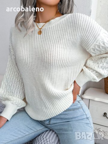 Дамски плетен пуловер с дълъг фенер ръкав за свободното време, 3цвята - 024, снимка 10 - Блузи с дълъг ръкав и пуловери - 43468486