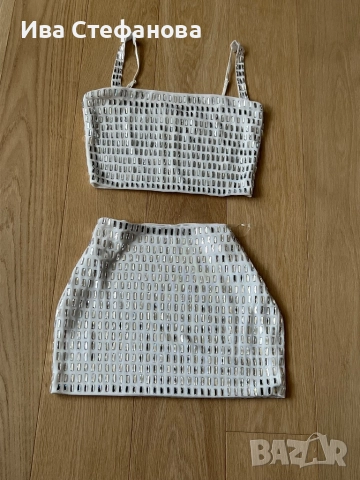 Нов бял еластичен елеганен парти официален коктейлен сет блестящи камъни диаманти цирконий, снимка 5 - Костюми - 51472468