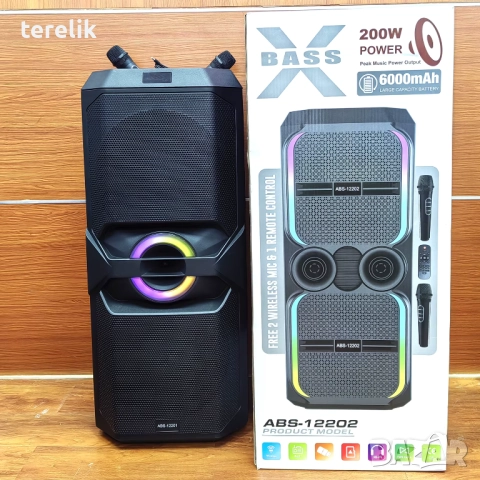 -50лв🔊 Xbass 200W 6000mah Професионална караоке тонколона ABS-12202 – 12”×2, Bluetooth, 2 микрофонa, снимка 15 - Тонколони - 51831064
