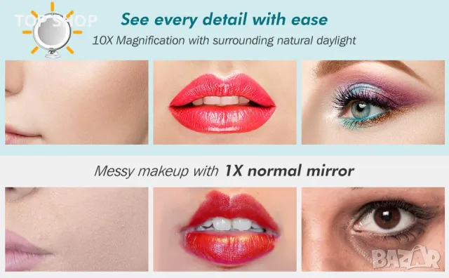 BEAUTURAL преносимо козметично LED огледало за грим/10x увеличени/вакуумна стойка с ключалка 360°, снимка 7 - Аксесоари за коса - 49308569