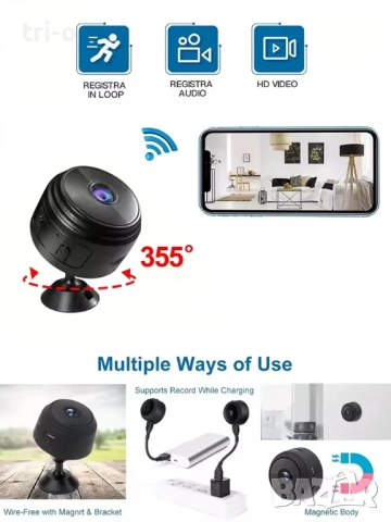 Wi-Fi Мини HD Камера за видеонаблюдение A9 сензорна, Нощна версия, Микро глас, снимка 4 - Камери - 52508920