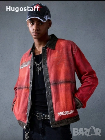 Ново мъжко дънково яке риза червено надписи деним памук ХЛ, снимка 4 - Якета - 52476329