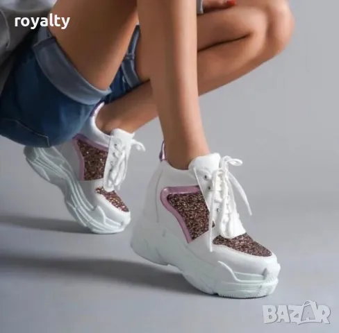 Кецове на платформа - бяла кожа с розов брокат