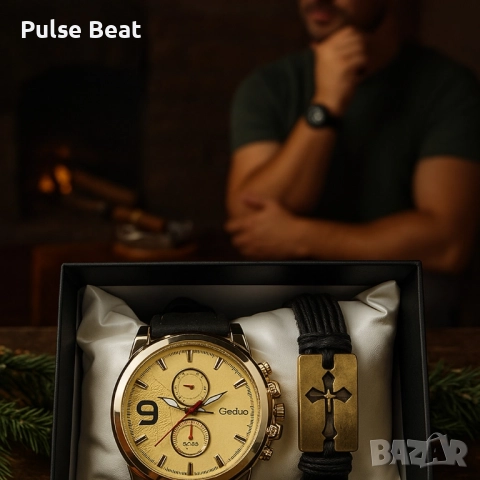 Мъжки комплект Geduo – елегантен часовник със златист циферблат и кожена гривна в подаръчна кутия, снимка 4 - Мъжки - 52045225
