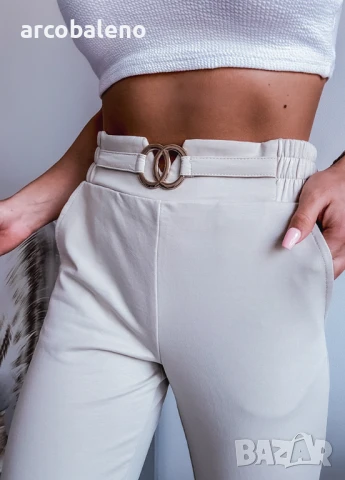 Вталени дамски памучни панталони с декоративна лента на талията, снимка 3 - Панталони - 51067990