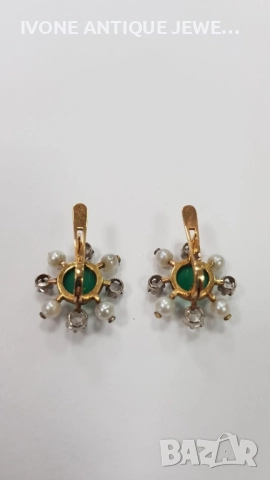 Златни обеци с диаманти , хризопрас и перли , снимка 6 - Обеци - 52794249