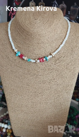 Чокър и гривна с тюркоаз, червен корал и хематит. Бижута Луди гъби. Ръчна изработка., снимка 3 - Бижутерийни комплекти - 51211646