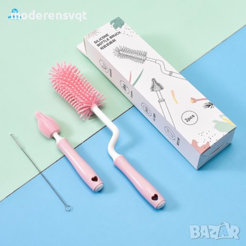 Комплект 2 броя силиконови четки за бебешки шишета и 1 брой метална, снимка 3 - Хигиенни препарати - 43092654
