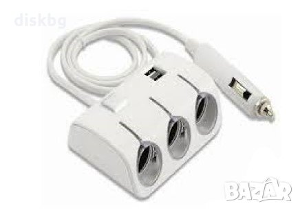 Нов разклонител за запалка на кола 1:3 с 2 х USB 5V, 1000mA, CAR-1505A, бял