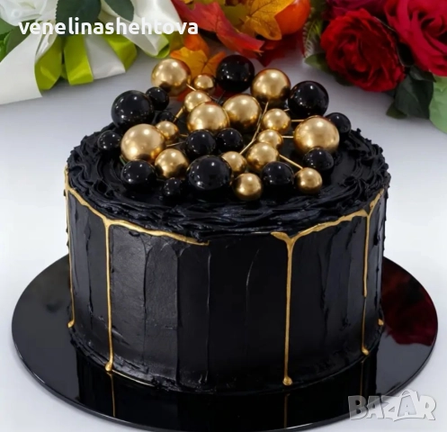 24 броя черни златисти топчета топки на тел от стиропор за декорация на торта , снимка 3 - Други - 52832334