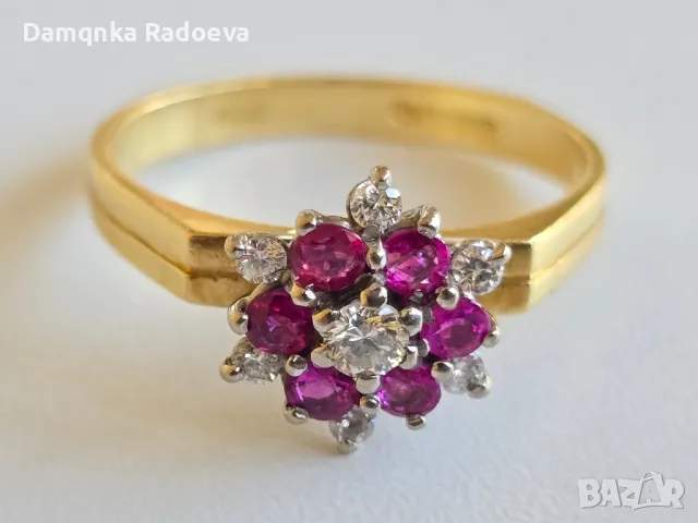 Златен пръстен с Диаманти и Рубини 18 карата,проба 750