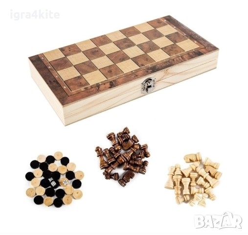 Дървен шах 3-в-1 с три класически игри: Шах Табла и Дама в 2 размера, снимка 3 - Образователни игри - 51546041