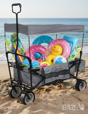 Сгъваема ръчна количка с покрив за къмпинг и плаж Pinolino Paco в сиво
